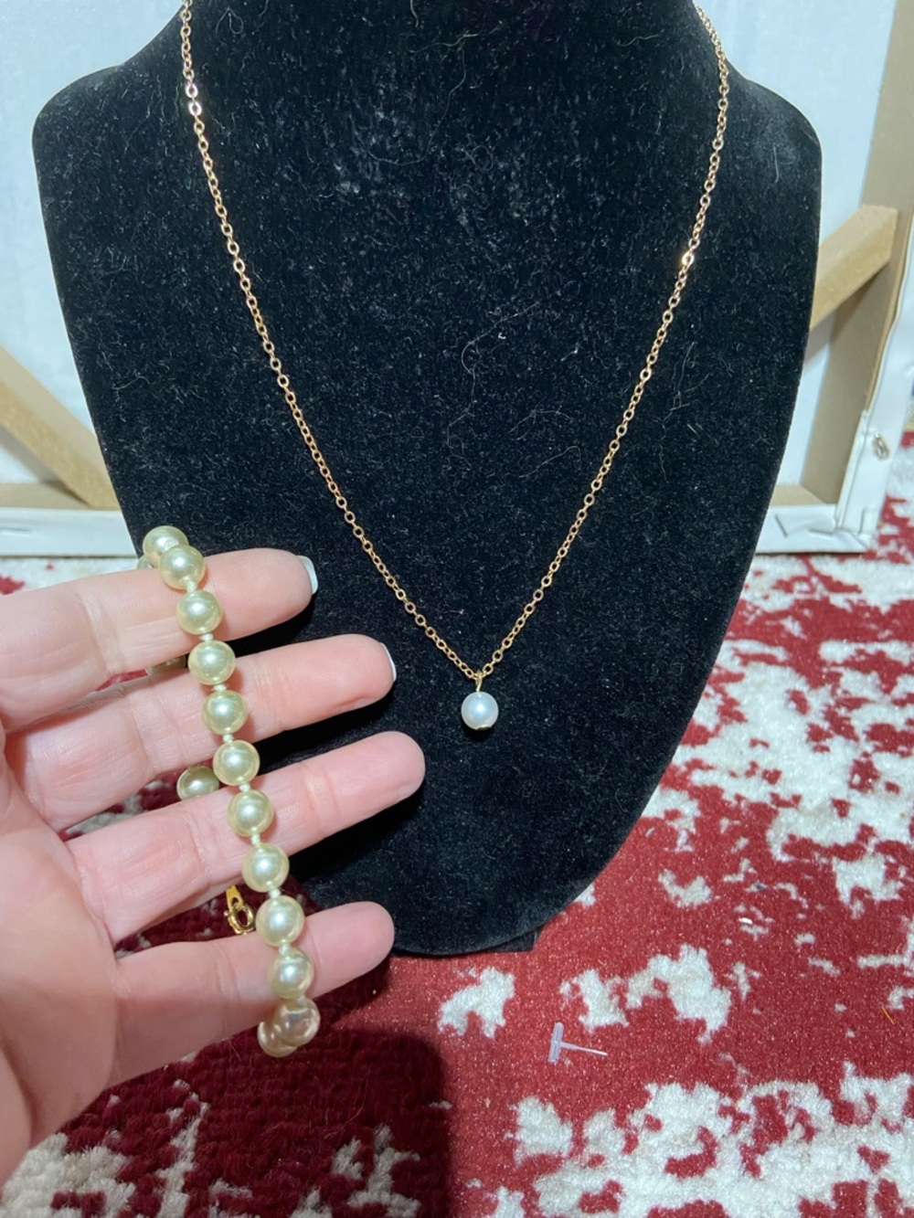 Gold Tone Necklace with Faux Pearl Pendant and Coordinating Faux Pearl Bracelet